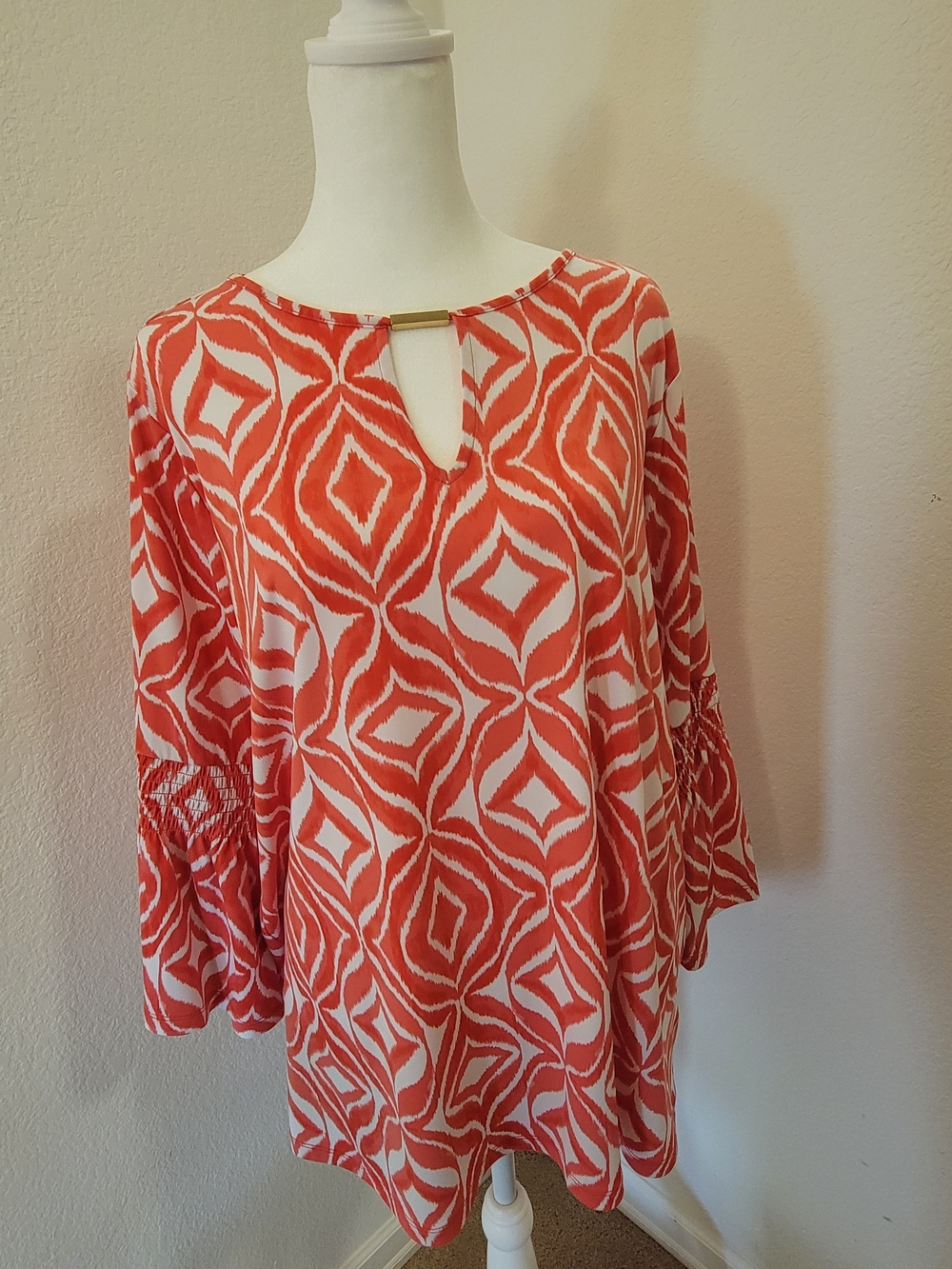 Michael Kors Coral and White Geometric Keyhole Tunic